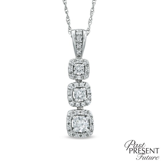 1/2 CT. T.w. Diamond Past Present Future® Cushion Frame Pendant in 14K White Gold