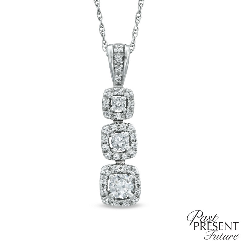 Main Image 1 of 1/2 CT. T.W. Diamond Past Present Future® Cushion Frame Pendant in 14K White Gold
