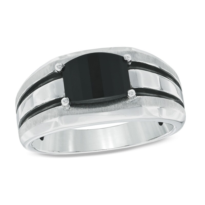 Main Image 1 of Barrel-Cut Onyx Comfort Fit Ring in Sterling Silver