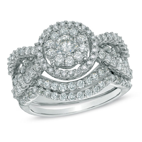 2 CT. T.w. Diamond Cluster Bridal Set in 14K White Gold