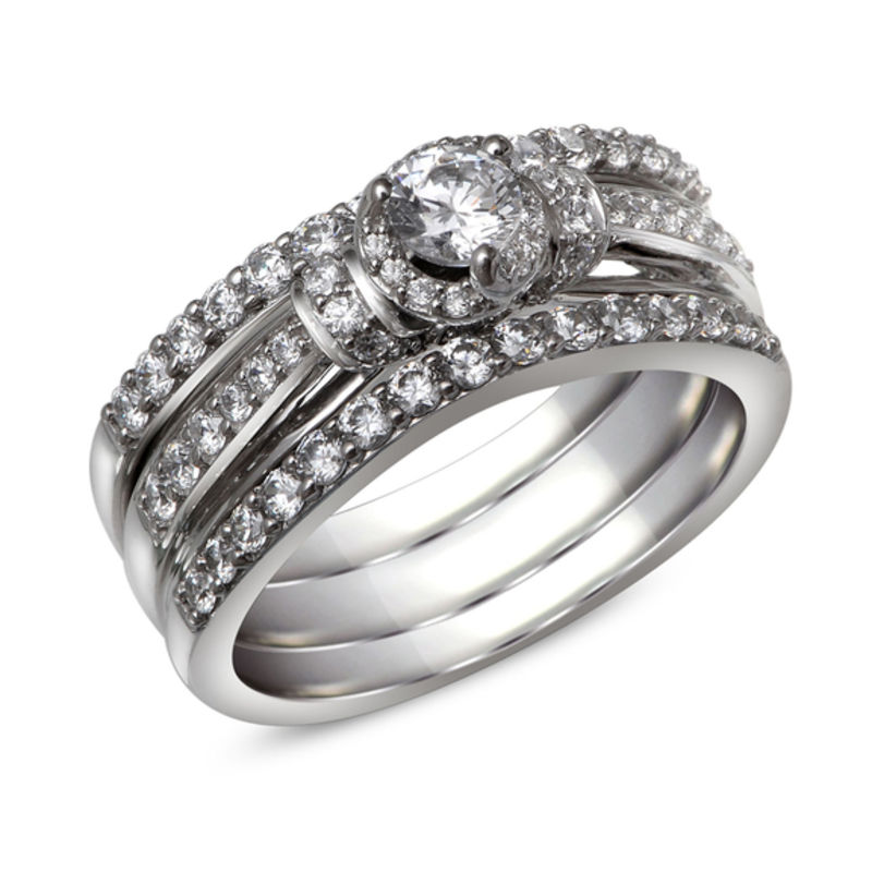 Main Image 1 of 1 CT. T.W. Diamond Collar Three Piece Bridal Set in 10K White Gold