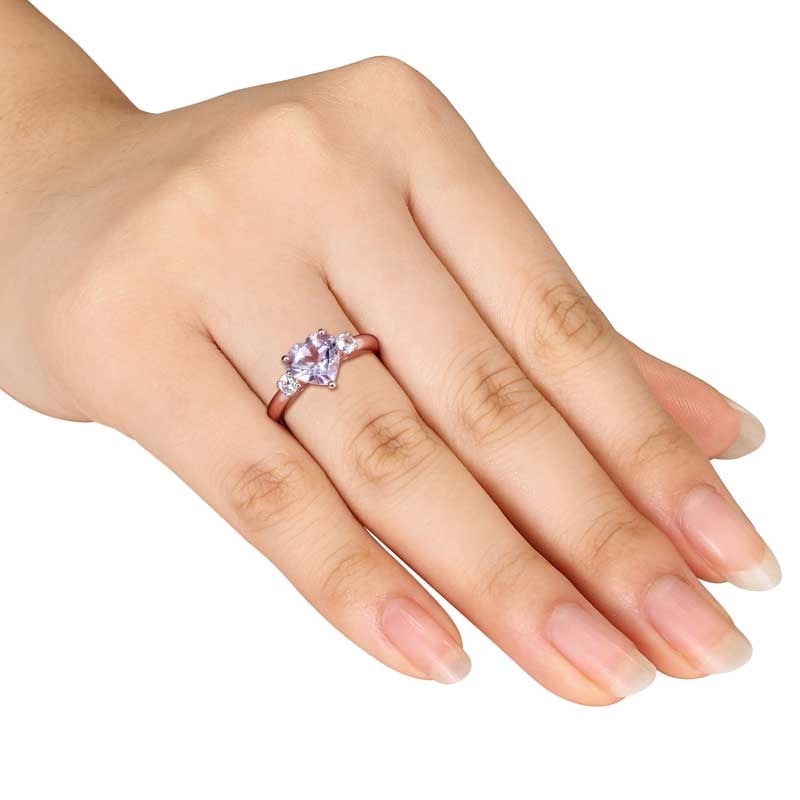 8.0mm Heart-Shaped Amethyst and White Lab-Created Sapphire Ring in Sterling Silver with Rose Rhodium