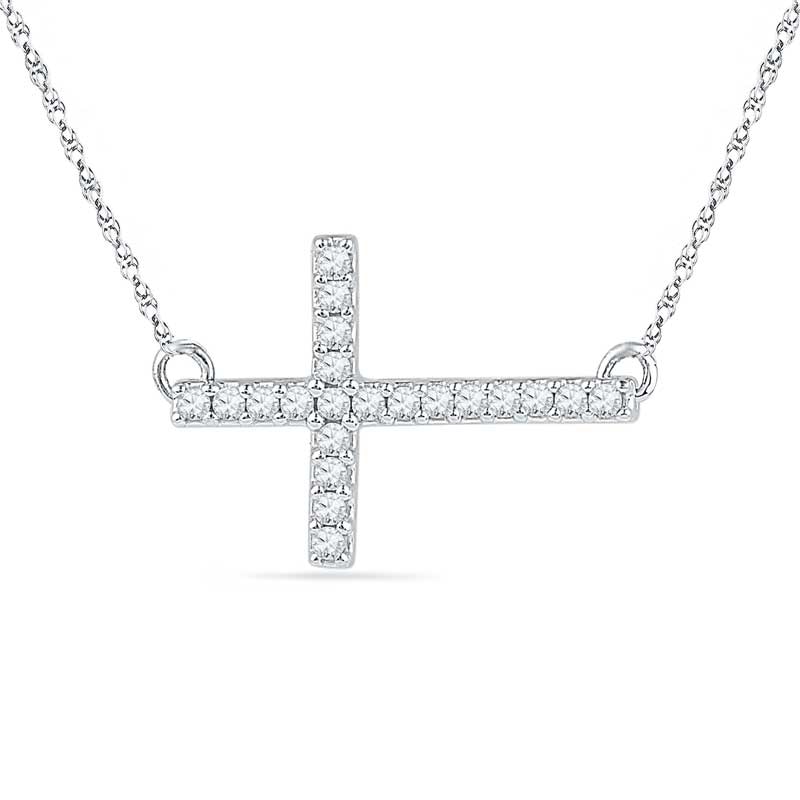 White Lab-Created Sapphire Sideways Cross Necklace in Sterling Silver