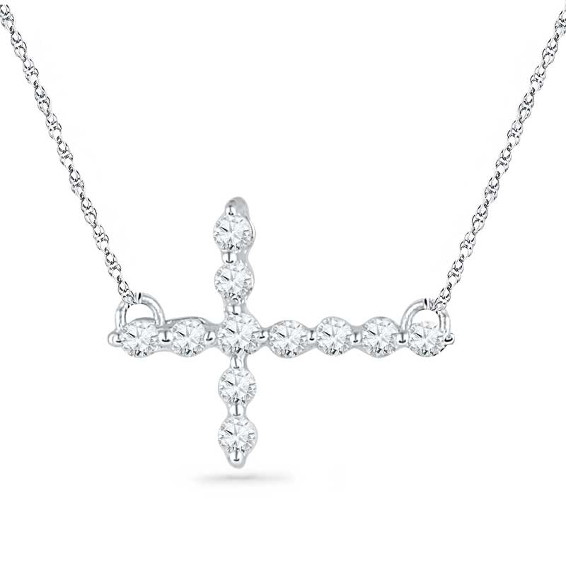 Main Image 1 of Lab-Created White Sapphire Sideways Cross Necklace in Sterling Silver