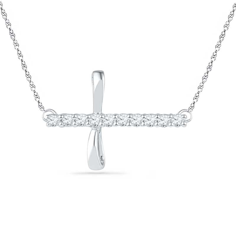 White Lab-Created Sapphire Sideways Loop Cross Necklace in Sterling Silver
