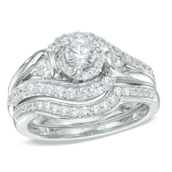 1 CT. T.W. Diamond Three Stone Swirl Bridal Set in 14K White Gold 1 CT. T.W. Diamond Three Stone Swirl Bridal Set in 14K White Gold