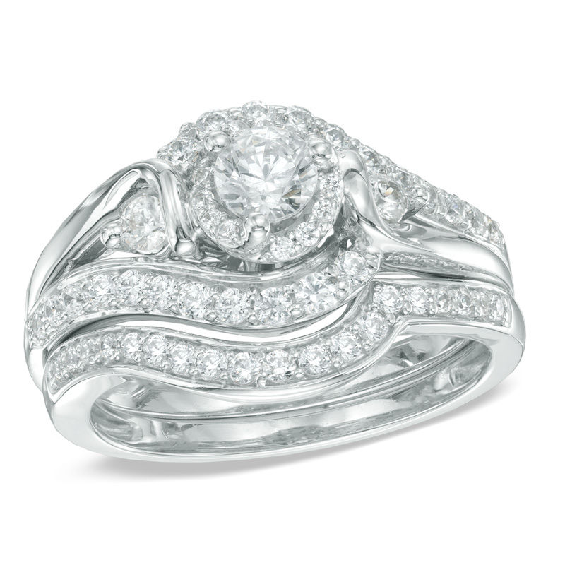 1 CT. T.W. Diamond Three Stone Swirl Bridal Set in 14K White Gold