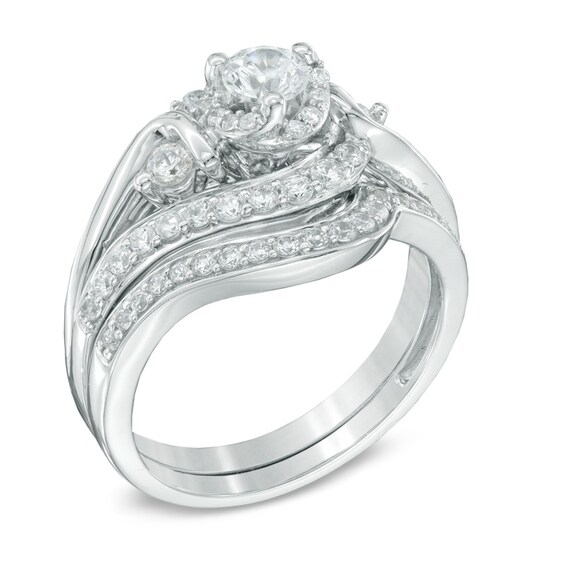 1 CT. T.W. Diamond Three Stone Swirl Bridal Set in 14K White Gold 1 CT. T.W. Diamond Three Stone Swirl Bridal Set in 14K White Gold