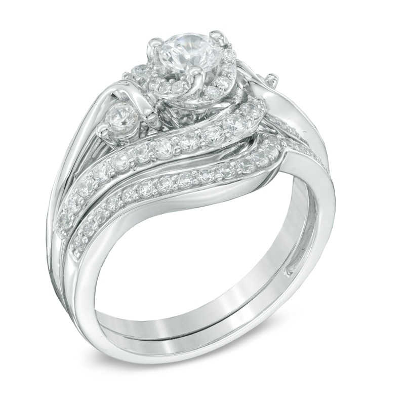 1 CT. T.W. Diamond Three Stone Swirl Bridal Set in 14K White Gold