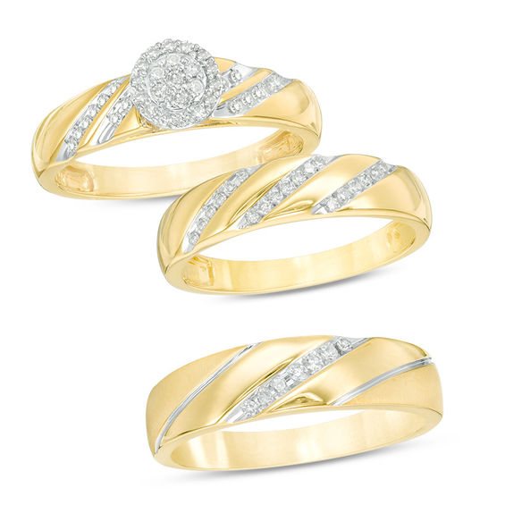 1/3 CT. T.W. Multi-Diamond Frame Slant Wedding Ensemble in 10K Gold ...