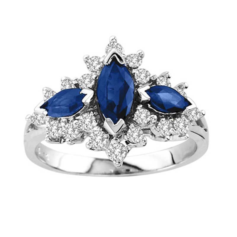 Marquise-Cut Blue Sapphire and 1/2 CT. T.W. Diamond Three Stone Ring in 14K White Gold