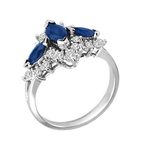 Marquise-Cut Blue Sapphire and 1/2 CT. T.w. Diamond Three Stone Ring in 14K White Gold