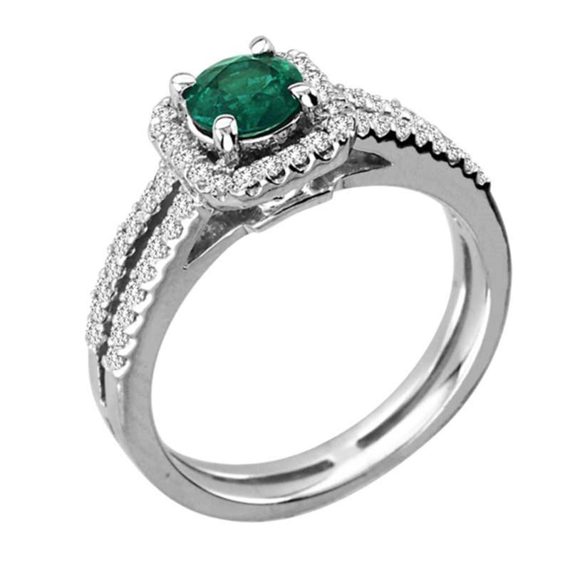 5.5mm Emerald and 1/3 CT. T.W. Diamond Frame Promise Ring in 14K White Gold