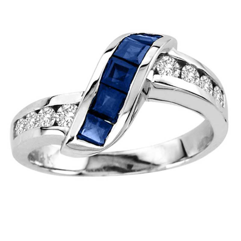 Main Image 1 of Princess-Cut Blue Sapphire and 1/3 CT. T.W. Diamond Slant Ring in 14K White Gold