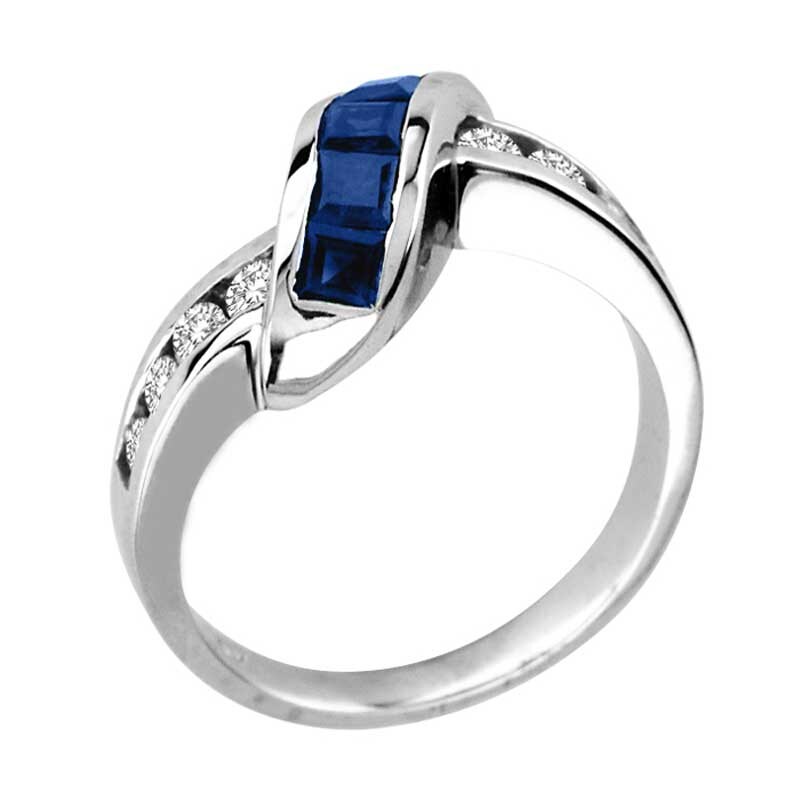 Main Image 2 of Princess-Cut Blue Sapphire and 1/3 CT. T.W. Diamond Slant Ring in 14K White Gold
