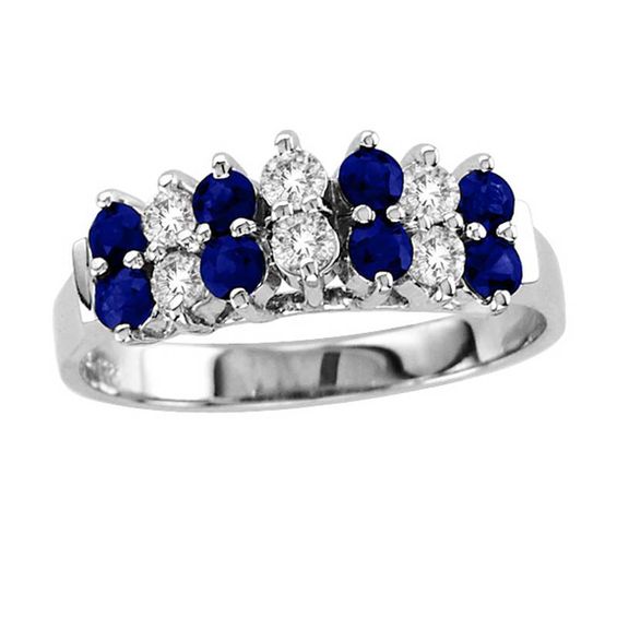 Blue Sapphire and 1/3 CT. T.W. Diamond Double Row Wedding Band in 14K ...
