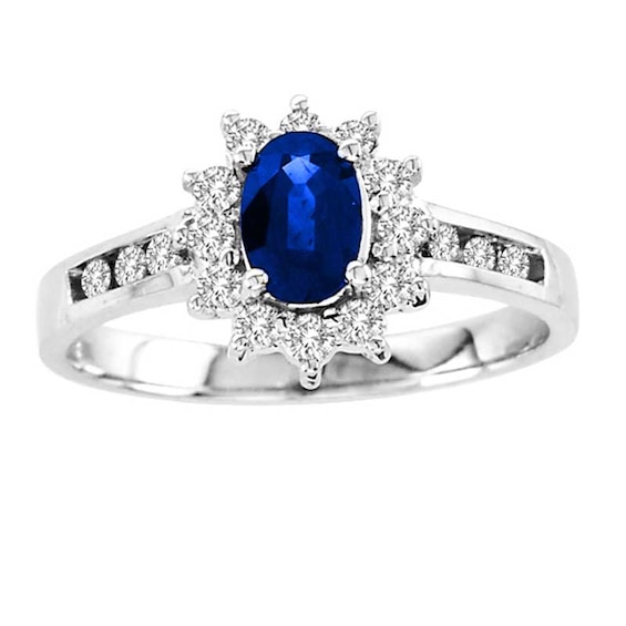 Oval Blue Sapphire and 1/4 CT. T.w. Diamond Ring in 14K White Gold