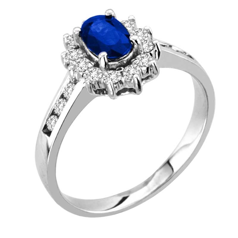 Oval Blue Sapphire and 1/4 CT. T.W. Diamond Ring in 14K White Gold