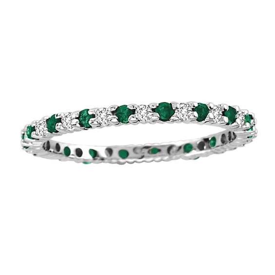 Emerald and 1/4 CT. T.w. Diamond Eternity Band in 14K White Gold