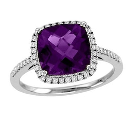 9.0mm Cushion-Cut Amethyst and 1/4 CT. T.W. Diamond Ring in 14K White Gold