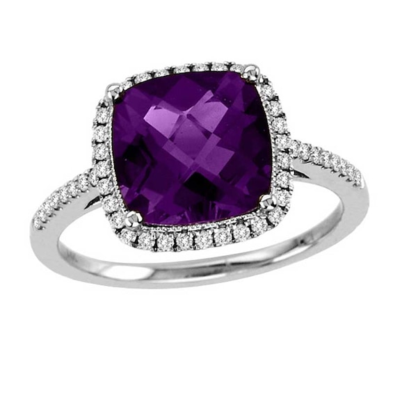 9.0mm Cushion-Cut Amethyst and 1/4 CT. T.w. Diamond Ring in 14K White Gold
