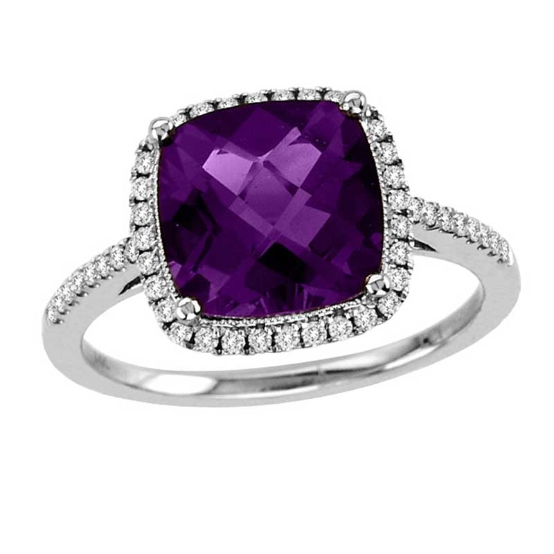 Main Image 1 of 9.0mm Cushion-Cut Amethyst and 1/4 CT. T.W. Diamond Ring in 14K White Gold