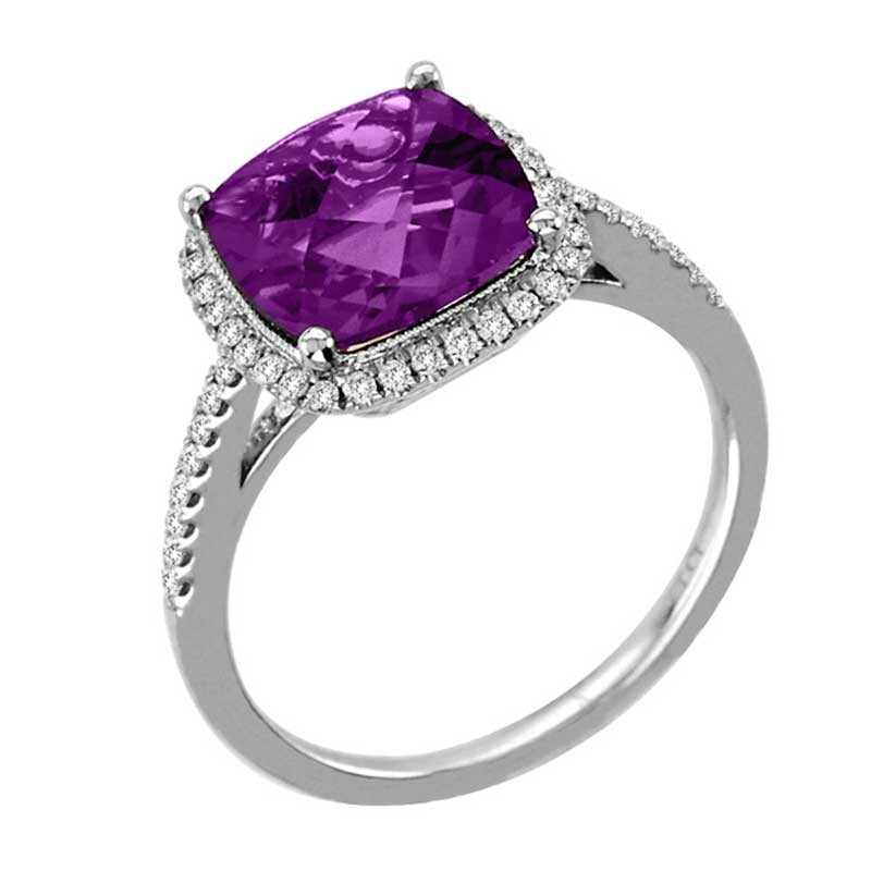 9.0mm Cushion-Cut Amethyst and 1/4 CT. T.W. Diamond Ring in 14K White Gold