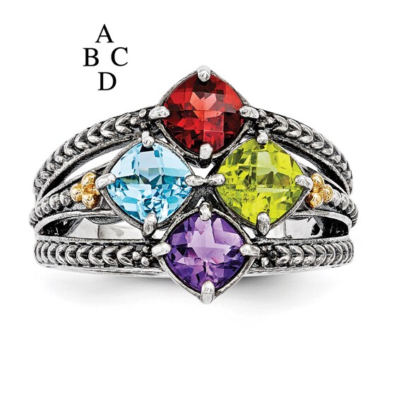 Mother's Cushion-Cut Simulated Birthstone Ring in Sterling Silver and 14K Gold (3 Stones) Mother's Cushion-Cut Simulated Birthstone Ring in Sterling Silver and 14K Gold (3 Stones)