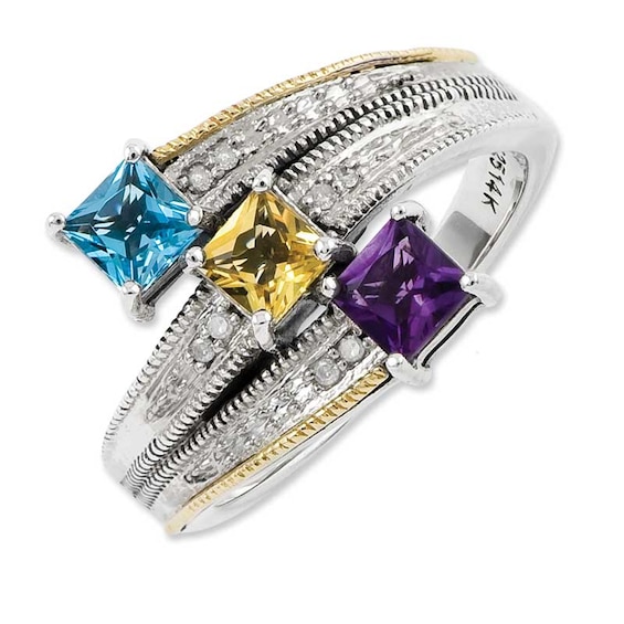 Mother's Princess-Cut Simulated Birthstone Ring in Sterling Silver and 14K Gold (3 Stones)