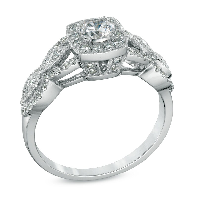 Main Image 2 of Celebration Ideal 3/4 CT. T.W. Certified Diamond Twist Frame Engagement Ring in 14K White Gold (I/I1)