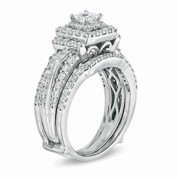 1-1/2 CT. T.w. Princess-Cut Diamond Double Frame Bridal Set in 14K White Gold