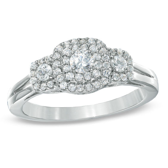 1/2 CT. T.w. Diamond Double Frame Three Stone Ring in 10K White Gold