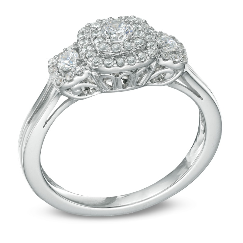 1/2 CT. T.W. Diamond Double Frame Three Stone Ring in 10K White Gold