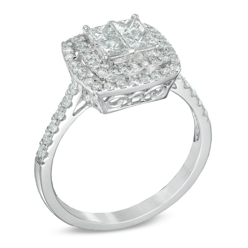 Main Image 2 of 1 CT. T.W. Princess-Cut Quad Diamond Double Frame Engagement Ring in 14K White Gold