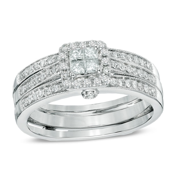 1/2 CT. T.w. Princess-Cut Quad Diamond Frame Bridal Set in 14K White Gold