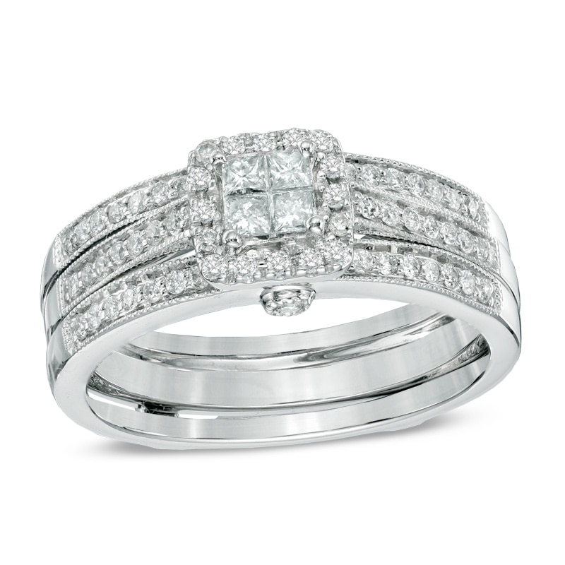 Main Image 1 of 1/2 CT. T.W. Princess-Cut Quad Diamond Frame Bridal Set in 14K White Gold