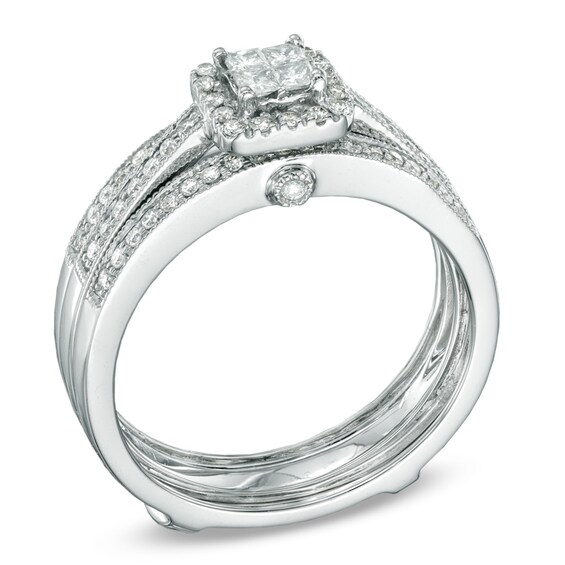 1/2 CT. T.w. Princess-Cut Quad Diamond Frame Bridal Set in 14K White Gold