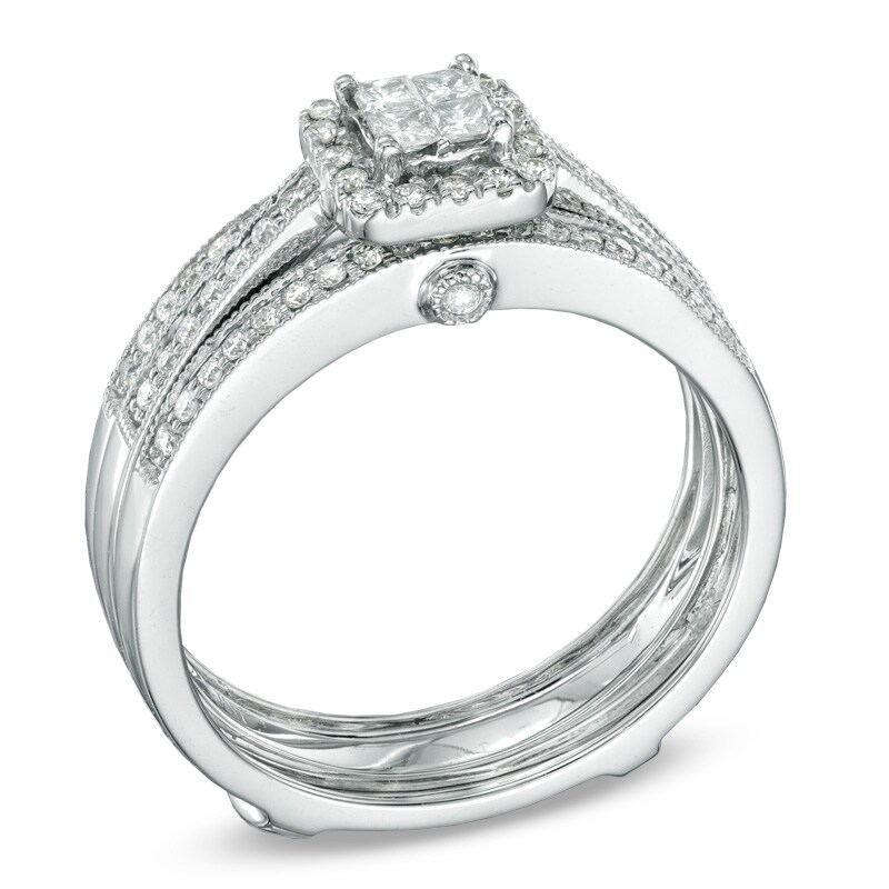 Main Image 2 of 1/2 CT. T.W. Princess-Cut Quad Diamond Frame Bridal Set in 14K White Gold