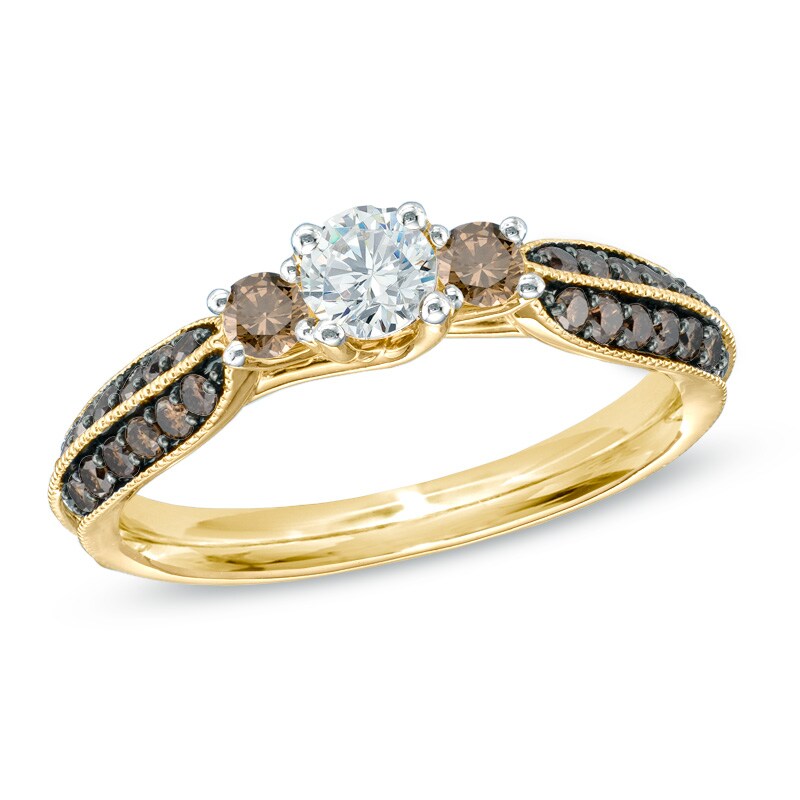 Main Image 1 of 3/4 CT. T.W. Champagne and White Diamond Three Stone Engagement Ring in 14K Gold