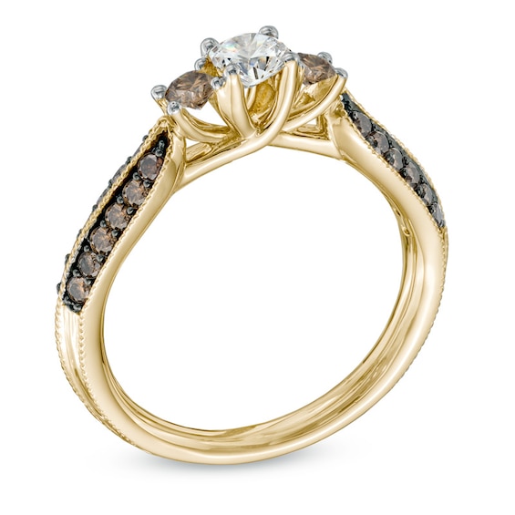 3/4 CT. T.w. Champagne and White Diamond Three Stone Engagement Ring in 14K Gold