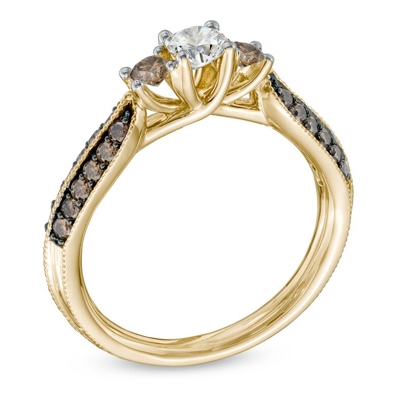 Main Image 2 of 3/4 CT. T.W. Champagne and White Diamond Three Stone Engagement Ring in 14K Gold