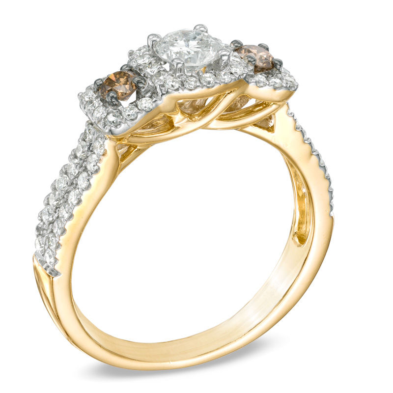 Main Image 2 of 1 CT. T.W. Champagne and White Diamond Three Stone Ring in 14K Gold