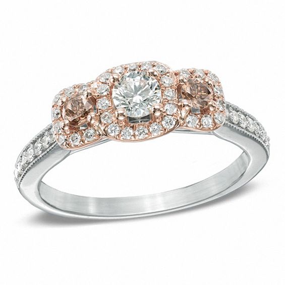 3/4 CT. T.w. Champagne and White Diamond Three Stone Ring in 14K Two-Tone Gold