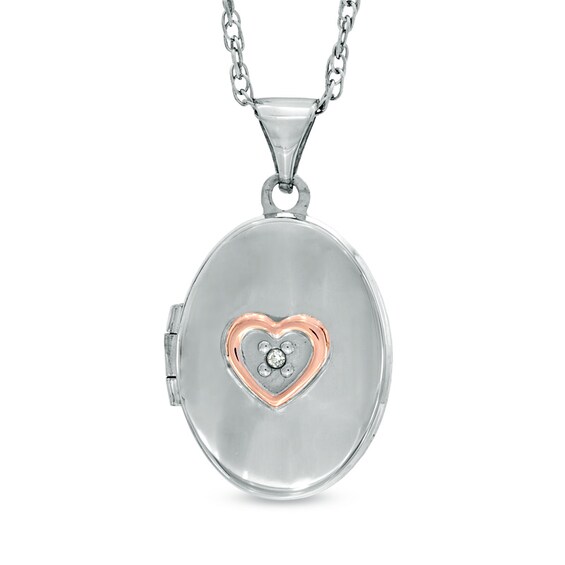 Diamond Accent Oval Locket with Heart in Sterling Silver and 14K Rose Gold Plate Diamond Accent Oval Locket with Heart in Sterling Silver and 14K Rose Gold Plate