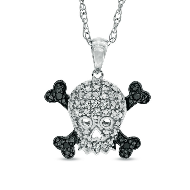 Main Image 1 of Enhanced Black and White Diamond Accent Skull with Crossbones Pendant in Sterling Silver