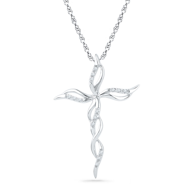 Main Image 1 of 1/20 CT. T.W. Diamond Cascading Cross Pendant in 10K White Gold