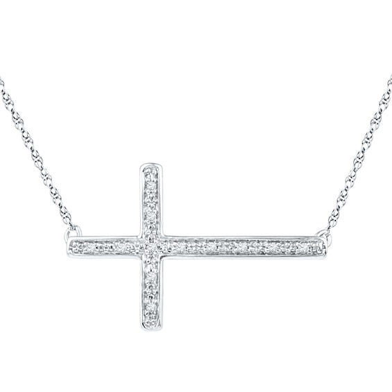 Sterling Silver 1/20 CT. T.w. Diamond Sideways Cross Pendant - 18"