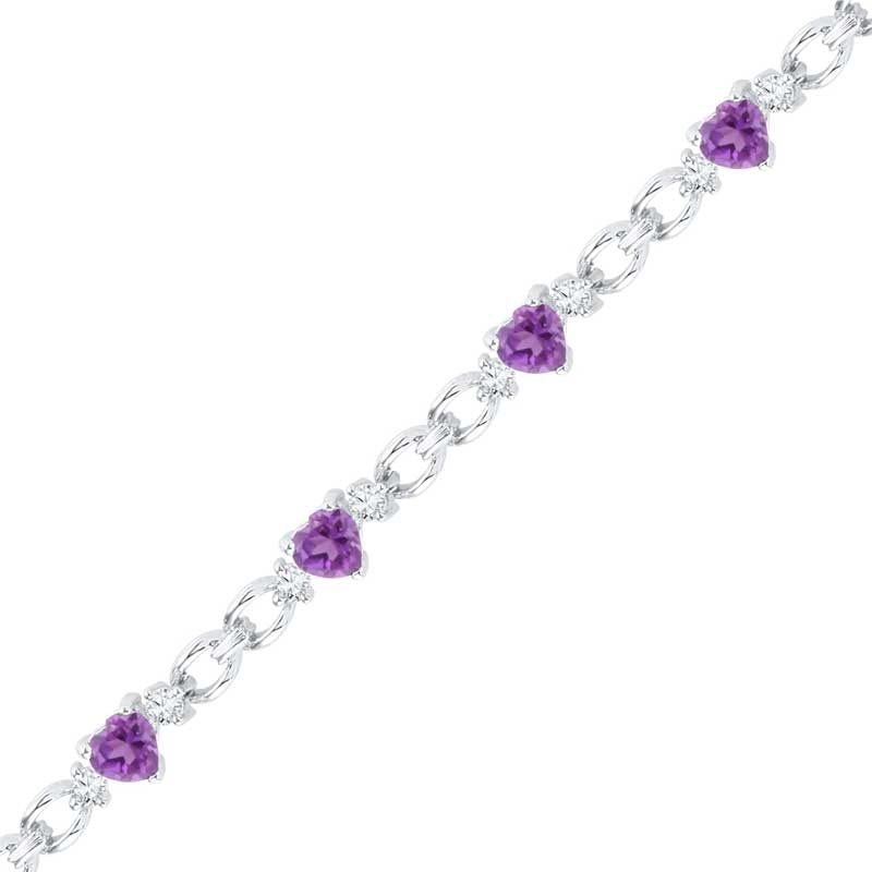 5.0mm Heart-Shaped Amethyst and Lab-Created White Sapphire Bracelet in Sterling Silver - 7.5"