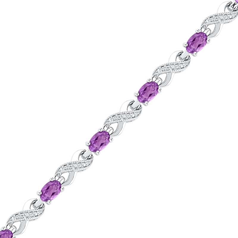 Oval Amethyst and Diamond Accent Infinity Alternating Line Bracelet in Sterling Silver - 7.5"