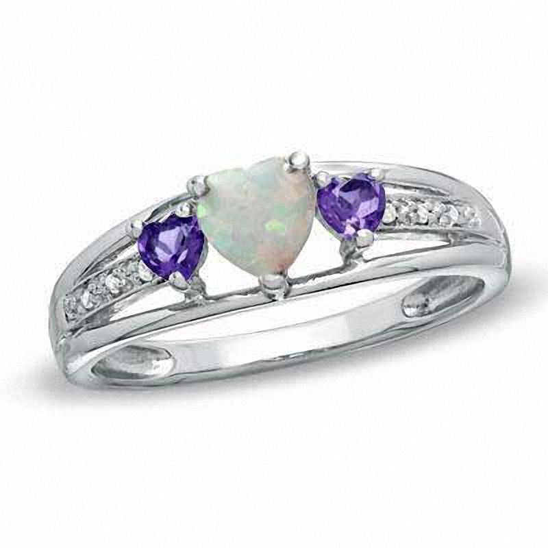 5.0mm Heart-Shaped Lab-Created Opal, Amethyst and Diamond Accent Ring in Sterling Silver